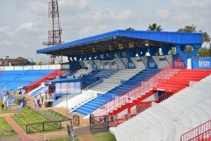 The Nyayo National Stadium branded in Britam colours