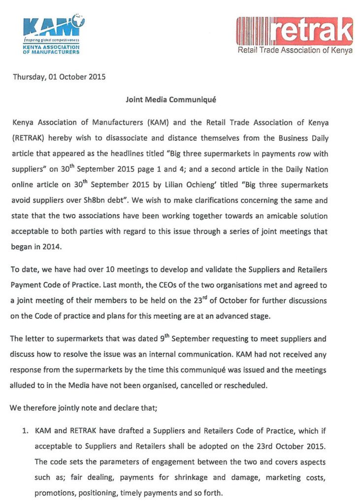 A joint Media Communique from Kenya Association of Manufacturers and Retail Trade Association of Kenya on delays with regard to supplier payments. 