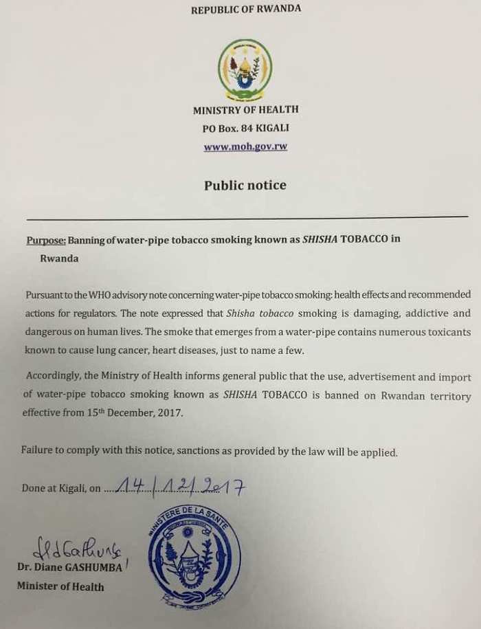 Rwanda bans Shisha smoking