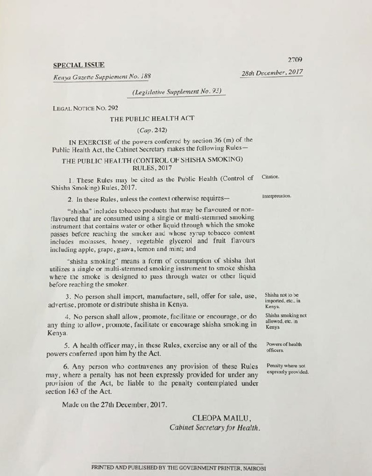 Kenya Shisha Gazette Notice