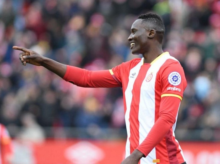 Kenyan forward Michael Olunga gestures after scoring a goal for Girona FC, Saturday, January 13, 2018. /COURTESY