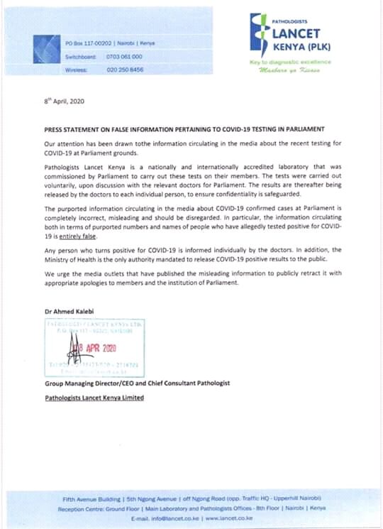It Is Fake, Lancet Kenya Reacts On News 17 MPs Having Covid19